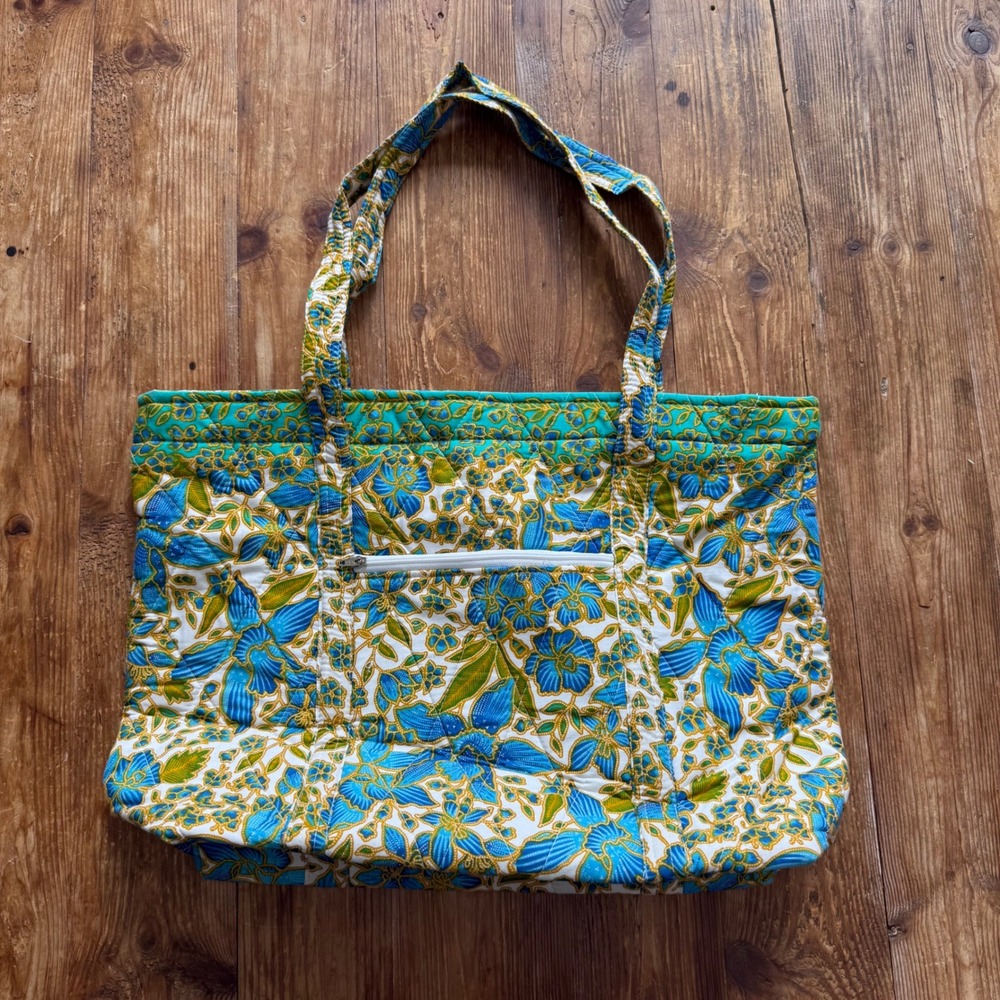 Blue Green Floral Quilted Cotton Tote Bag Zippered Shoulder Bag Batik Print NWOT